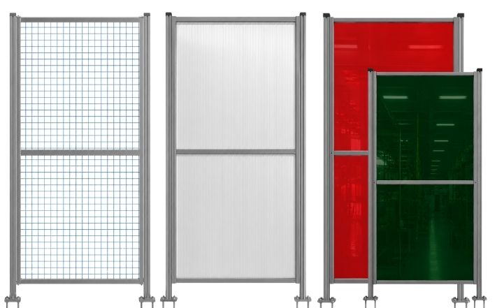 Aluminium Schutzzaunsystem mit PETG-, Blech- und Gitterfüllung für unterschiedliche Schutzanforderungen in Industrieanlagen